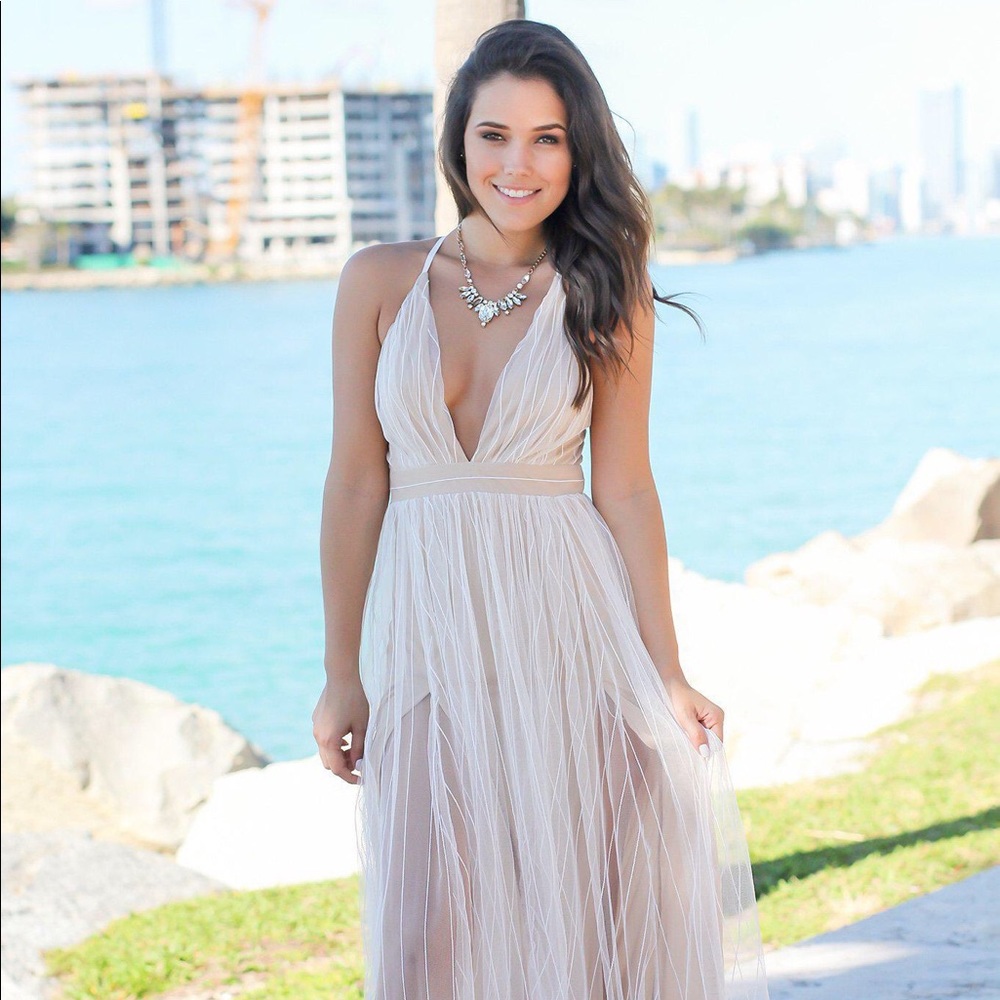Luxxel Nude and White Maxi Tulle Dress
